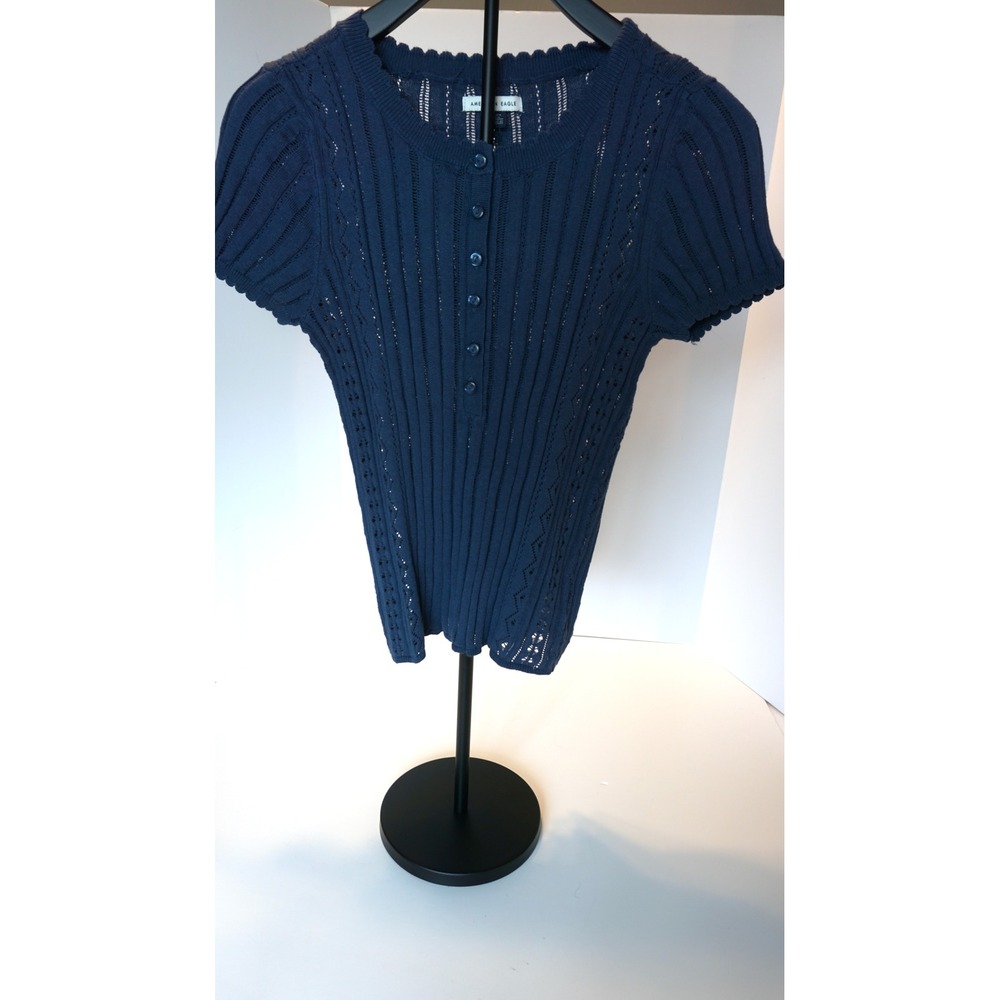 American Eagle Women Navy Blue Short‎ Sleeve Pointelle Ribbed Henley Sweater S